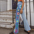 Side Color Blocking Pattern Flower High Waist Micro Horn Jeans
